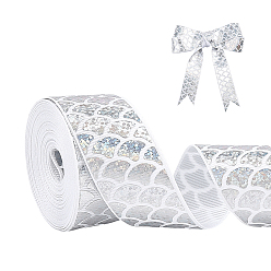White Polyester Laser Ribbon, Fish Scale Pattern, for Hair Accessories, Pet Leash, White, 1 inch(26mm), about 5.00 Yards(4.57m)/Roll