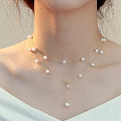 Golden Natural Freshwater Pearl Necklace, Double Layer Necklaces, Golden, 8.27~19.69 inch(21~50cm)