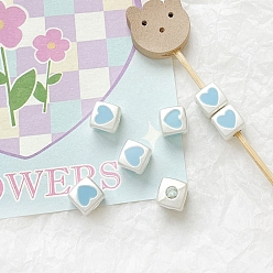 Светло-Голубой Бусины из эмалированного сплава цвета макарон, Куб с сердцем, Небесно-голубой, 7x7 мм, отверстие : 2.7 мм