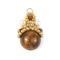 Golden Natural Tiger Eye Round Pendants, Crown Beaded Charms with Shell Pearl, Golden, 26x16x12.5mm, Hole: 3mm