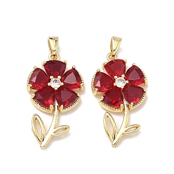 Красный Латунные микро проложить кубического циркония подвески, , реальный 18 k позолоченный, красные, 28.5x16x5 мм, отверстие : 4x3 мм