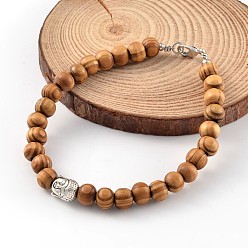 Antique Silver Round Wood Beads Anklets, with Buddha Head Alloy Beads and Brass Lobster Claw Clasps, Antique Silver, 228mm