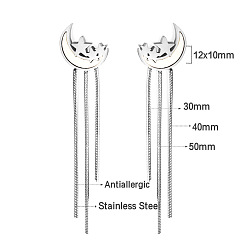Stainless Steel Color 304 Stainless Steel & Shell Stud Earrings for Women, Tassel Earrings, Moon & Star, Stainless Steel Color, 60mm
