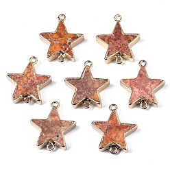 (932FM) Темно-синий аква-матовый с подкладкой Соединители из натуральной имперской яшмы, с золотой железной петлей и краем, окрашенные, звезда, темно-золотистые, 24x20~21x6~7 мм, отверстие : 1.6 мм