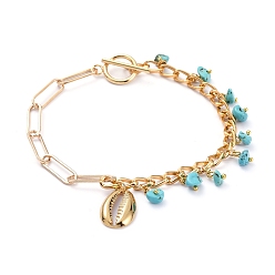 Golden Iron Paperclip Chain Anklets, with Aluminum Curb Chains, Synthetic Turquoise Chips, 304 Stainless Steel Toggle Clasps, Cowrie Shell Shape Pendants, Golden, 24.4cm