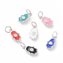 (52) Непрозрачная лаванда Латунь эмаль подвески, с микро проложить кубического циркония, hamsa рука / рука fatima / рука miriam, платина, разноцветные, 12x7x2 мм, отверстие : 3 мм