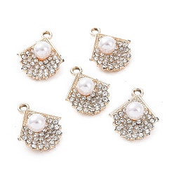 Light Gold Alloy Rhinestone Pendants, with ABS Plastic Imitation Pearl Beads, Fan Charm, Light Gold, 19.5x16x7.5mm, Hole: 2mm