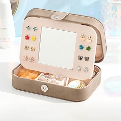 Светло-коричневый Прямоугольные коробки для хранения ювелирных изделий из искусственной кожи с зеркалом внутри, портативный дорожный футляр с застежкой-молнией, для держателя кольца для серег, подарок для женщин, загар, 16x11x5 см