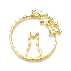 Золотой Подвесные подвески из сплава, для diy уф смолы, эпоксидная смола, Прессованные цветочные украшения, плоский круглый с котом и метеором, золотые, 41x39.5x2.5 мм, отверстие : 2.5 мм