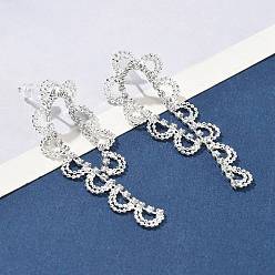 Серебро Серьги-гвоздики из латуни со стразами, шнурок, серебряные, 48x17.5 мм