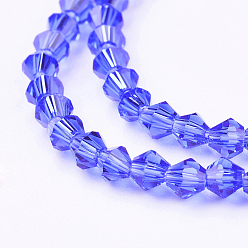 Blue Imitation Austrian Crystal 5301 Bicone Beads, Faceted Glass Beads Strands, Blue, 4x4mm, Hole: 1mm, about 88~89pcs/strand, 12.99~13.39 inch