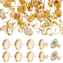 Real 18K Gold Plated 304 Stainless Steel Stud Earring Findings, with Cabochon Settings, Ear Nuts, Flat Round, Real 18K Gold Plated, Tray: 14mm, 16x2mm, Pin: 0.8mm