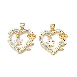 Настоящее золото 18K Латунные микропаве прозрачные подвески с фианитом, без кадмия и без свинца, с оболочкой, подвески в виде сердца и цветов, реальный 18 k позолоченный, 23.5x24x4 мм, отверстие : 5x3.5 мм