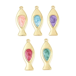 Mixed Color Brass Pendants, Fish Charms, with Enamel, Cadmium Free & Lead Free, Rack Plating, Long-Lasting Plated, Real 18K Gold Plated, Mixed Color, 28x10x3mm, Hole: 1.5mm