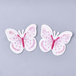 White Computerized Embroidery Cloth Iron On Patches, with Paillette, Costume Accessories, Appliques, Butterfly, White, 54x63.5x1.5mm