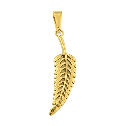 Golden Ion Plating(IP) 304 Stainless Steel Pendants, Leaf Charm, Golden, 47x12x2mm, Hole: 10x5mm