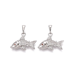 Платина Латунные микро проложить кубического циркония подвески, акул амулеты, платина, 16x20x4 мм, отверстие : 6x3 мм