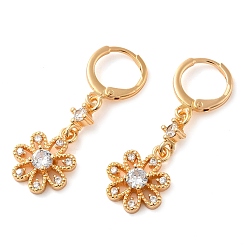 Clair Boucles d'oreilles dormeuses pendantes en laiton doré à placage en crémaillère, avec zircons, fleur, clair, 36x12mm