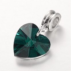 Темно-Зеленый Европейские подвески из сплава с большими отверстиями, с гальваническим стеклянными подвесками сердца, античное серебро, темно-зеленый, 25 мм, отверстие : 5 мм