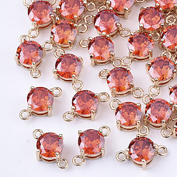 Помидор Прозрачные стеклянные соединители звеньев, с латунной фурнитурой , граненые, плоско-круглые, золотой свет, помидор, 12x7.5x5 мм, отверстие : 1.2 мм