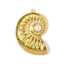 Настоящее золото 18K 304 подвески из нержавеющей стали, подвески в форме раковины, с имитацией жемчуга, ионное покрытие (ip), реальный 18 k позолоченный, 40x27 мм