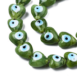 Olive Drab Handmade Evil Eye Lampwork Beads Strands, Heart, Olive Drab, 12~12.5x12~13x7.5mm, Hole: 1.2mm, about 33pcs/strand, 14.76 inch(37.5cm)