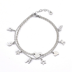 Stainless Steel Color 304 Stainless Steel Multi-strand Charm Anklets, with Brass Rolo Chains, Heart, Stainless Steel Color, 9-1/4 inch(23.6cm)
