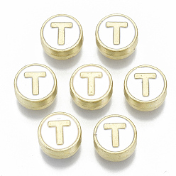 Letter T Бисера эмали сплава, без кадмия, без никеля и без свинца, плоский круглый с начальными буквами, золотой свет, letter.t, 8x4 мм, отверстие : 1.5 мм