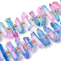 Pink Гальванические природный кристалл кварца бусы пряди, граненые, окрашенные, палочка для наггетсов, с бисером, розовые, 11~25x3~9x4~10 мм, отверстие : 1~1.2 мм, около 19~26 шт / нитка, 7.09~7.48'' (18~19 см)