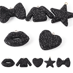 Black 5Pcs 5 Styles Handmade Polymer Clay Pendants, with Iron Loop and Rhinestone, Black, 45~58x38~60x11~16mm, Hole: 2~4mm, 1pc/style