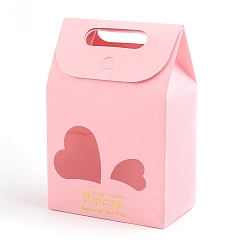 Pink Rectangle Paper Bags with Handle and Clear Heart Shape Display Window, for Bakery, Cookie, Candies, Gift Bag, Pink, 6x10x15.4cm