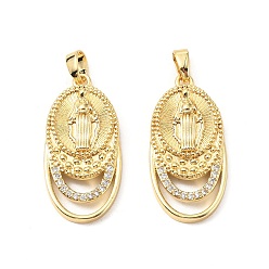 Настоящее золото 18K Латунные подвески, без кадмия и без свинца, овал с девственной рисунком мэри, реальный 18 k позолоченный, 27.5x13.5x4 мм, отверстие : 4.5x3 мм