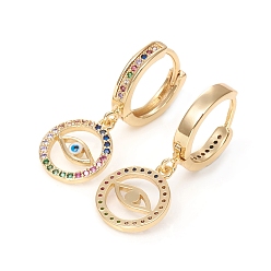 Golden Brass Micro Pave Cubic Zirconia Huggie Hoop Earrings, with Enamel, Long-Lasting Plated, Flat Round with Evil Eye, Colorful, Golden, 30mm, Pin: 1mm