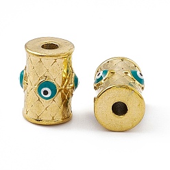 Dark Cyan PVD Vacuum Plating 201 Stainless Steel Beads, with Enamel, Real 18K Gold Plated, Column with Evil Eye, Dark Cyan, 15.5x12mm, Hole: 3mm