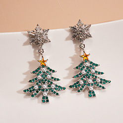 чирок Серьги-гвоздики из сплава со стразами в виде рождественской елки со снежинками, с искусственным жемчугом и смолой, золотые, зелено-синие, 38x18 мм