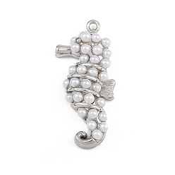 Платина Подвески из искусственного жемчуга в виде морского конька из латуни и АБС-пластика, стойки покрытие, долговечный, без кадмия и без свинца, платина, 32x14x6 мм, отверстие : 1.2 мм