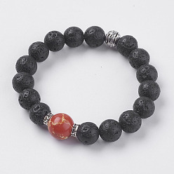 Имперская яшма Натуральная лава и натуральный регалит / императорская яшма / бусины из морской яшмы, эластичные браслеты, со сплавочной фурнитурой, античное серебро, 2 дюйм (50 мм)