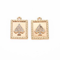 Real 18K Gold Plated Brass Micro Pave Clear Cubic Zirconia Pendants, Nickel Free, Rectangle with Spade, Real 18K Gold Plated, 19x24x2mm, Hole: 1.8mm