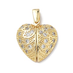 Настоящее золото 18K Латунные микропаве кубические цирконии открывающиеся подвески, сердце прелести, без кадмия и без свинца, долговечный, стойки покрытие, реальный 18 k позолоченный, 24x18x5.5 мм, отверстие : 5x1.5 мм