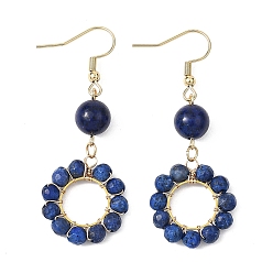 Ляпис-Лазурь 304 стальные круглые серьги болтаться из нержавеющей, с природными лазурита, золотые, 54.5x19.5 мм