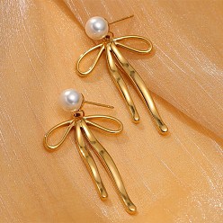 Golden 304 Stainless Steel ABS pearl Earrings, Bowknot, Golden, 51.9x27.8mm