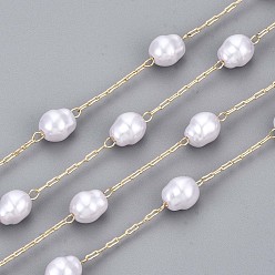 Creamy White Handmade ABS Plastic Imitation Pearl Beads Chains, for Necklaces Bracelets Making, with Brass Paperclip Chains, Long-Lasting Plated, Soldered, Light Gold, Creamy White, Link: 3x1x0.4mm, Oval: 1/4x1/4x1/8(5.5x7.5x4.5mm)