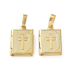 Настоящее золото 18K Подвески латуни медальон, прямоугольник с подвесками в виде креста, реальный 18 k позолоченный, 17.5x11.5x3 мм, отверстие : 3.5 мм