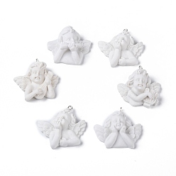 White Resin Pendants, with Platinum Plated Iron Screw Eye Pin Peg Bails, Angel, White, 30.5~34.5x30.5~33.5x9.5~14mm, Hole: 1.5mm, 10pcs/set
