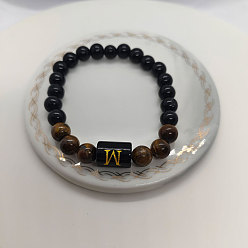 Letter W Браслеты из натурального тигрового глаза и черного обсидиана с круглыми бусинами, колонка с буквой украшения для женщин мужчин, Буква W, 7-1/8 дюйм (18 см)