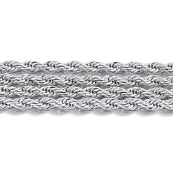 Stainless Steel Color Tarnish Resistant 304 Stainless Steel Rope Chains, with Spool, Unwelded, Stainless Steel Color, 4mm, about 82.02 Feet(25m)/roll