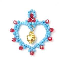 Светло-Голубой Подвески в форме сердца из стеклянных бусин, с подвеской в виде сердца из золотого сплава, Небесно-голубой, 31x29x4 мм, отверстие : 1.5x2 мм