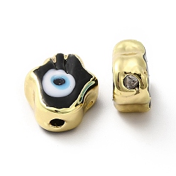 Black Handmade Evil Eye Lampwork Beads, with Golden Plated  Brass Edge, Long-Lasting Plated, Hamsa Hand, Black, 15~17x11.5~12.5x5~5.5mm, Hole: 1.8mm