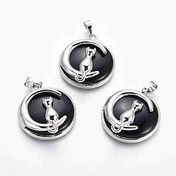 (946F)Морозный цвет внутри  Жонкиль / Непрозрачная зеленая подкладка Подвески в виде котенка из натурального окрашенного и нагретого черного агата, с латунной фурнитурой платинового цвета, плоский круглый с формой кота и полумесяца, 32x28x9 мм, отверстие : 5x7 мм