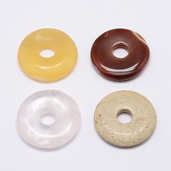 Mixed Stone Natural Gemstone Pendants, Donut/Pi Disc, 26x4~5.5mm, Hole: 6mm